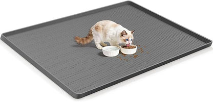 47" x 35" Silicone Cat Food Mat, Waterproof Pet Feeding Mat with Raised Edge, Extra Large Cat Bowl Mat Water Bowl Placemats for Cats, Non-Slip, Protects Floors, Easy to Clean (Dark Gray)
