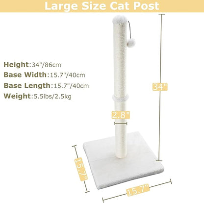 Dimaka 34" Height Tall Cat Scratching Post, Claw Scratcher with Sisal Rope and Covered with Soft Smooth Plush, Vertical Scratch [Full Strectch] Cats (Beige, 34 inches for Large Cats)
