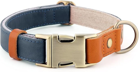 Plutus Pet Genuine Leather & Hemp Dog Collar – Adjustable Heavy Duty Pet Collar with Quick Release Metal Buckle, Soft & Stylish for Puppy and Small, Medium, Large Dogs (Blue, M)