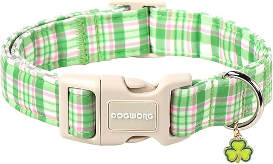 DOGWONG Pink Plaid Adjustable Pet Collar Comfortable Spring Summer Puppy Collar Cute Cotton Collars Durable Necklace Gift for Small Dogs,M