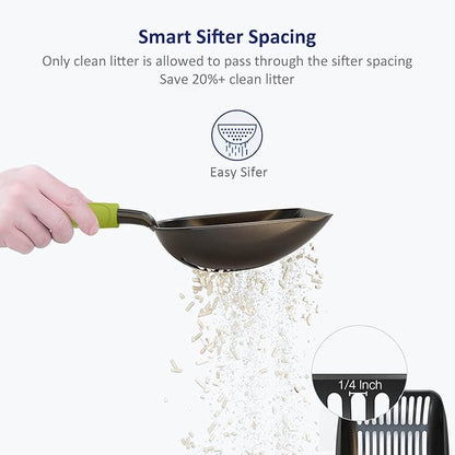 WePet Cat Litter Scoop, Non-Stick Plated Aluminum Alloy Sifter, Kitty Durable Metal Scooper, Deep Shovel, Long Handle, Kitten Pooper Lifter, Size Medium, Coated Black Body with Green Handle
