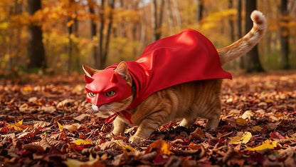 Red Cat Cloak with Hood for Indoor Cats, Funny Superhero Cosplay Halloween Costume for Pets, Cute Cape for Party Photos and Dress-Up – Big/Middle Size