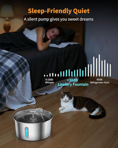 Cat Water Fountain Stainless Steel, 0.8gal/108oz Pet Water Fountain, 3 Replacement Filters, Automatic Cat Fountain with Quiet Pump Suitable for Cats, Dogs and Multi-pet households (Window)