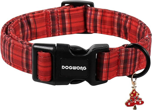 DOGWONG Christmas Plaid Dog Collar, Cute Adjustable Red Collar, Red Grid Dog Collar with Strong Plastic Buckle for Small Medium Large Dogs,XS