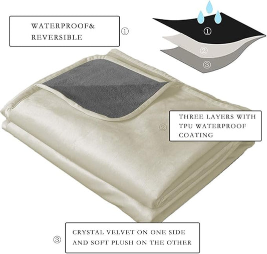 Ameritex Pet Bed Blanket Reversible 100% Waterproof Velvet Super Soft for Sofa and Bed (68x82 Inches, Cream+Grey)