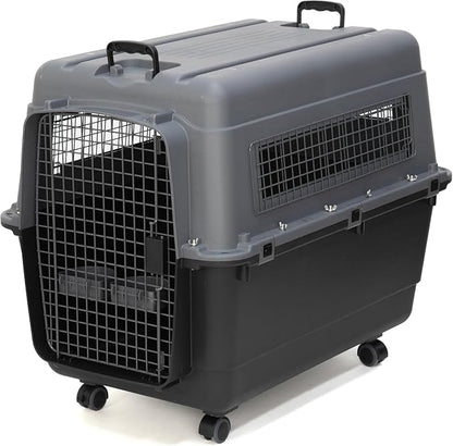 SportPet Airline Compliant X-LARGE 32.25" Travel Dog Kennel-Durable Plastic Airline Pet Carrier w/Removable Wheels & Food Bowls, Collapsible Indoor/Outdoor Dog Kennel, Dogs up to 32"L & 23"H-Dark Gray