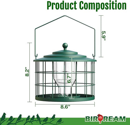 Squirrel Proof Bird Feeder, Metal Cage Bird Feeder for Outdoors Hanging, Starling Resistant Design for Small Birds, Weatherproof with Drain Holes, Easy to Refill, Green