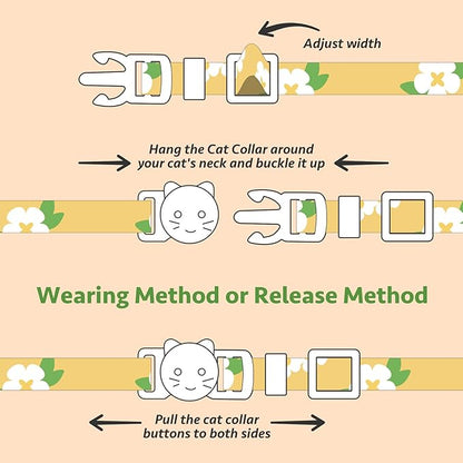 2 Pack Cotton Breakaway Cat Collar Green and Yellow Flowers Pendant Cute Kitten Cat Collar with Bell
