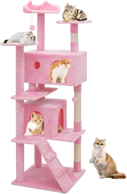 Athena Collection 70 Inch Cat Tree for Indoor Cats, Multi-Level Activity Center with 2 Condos, Scratching Post & Dangling Ball, Tall Climbing Tower, Pink