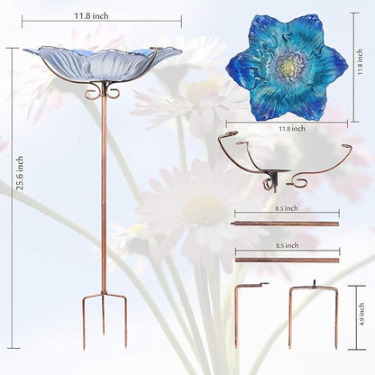 MUMTOP Bird Baths for Outdoors Glass Bird Bath Bowl Outdoor Bird Feeder Flower Pattern with Metal Stake for Garden, Yard and Lawn Decor(Blue)