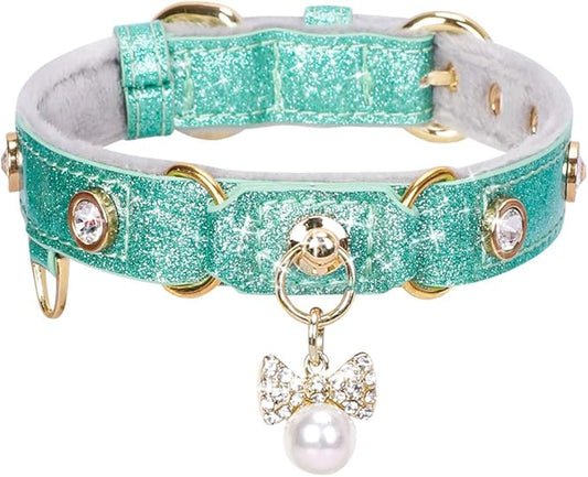 PetsHome Cat Collar, Dog Collar, [Bling Rhinestones] PU Leather Adjustable Pet Collar with Luxury Pendant for Big Cat and Small to Medium Dog Small Mint Green