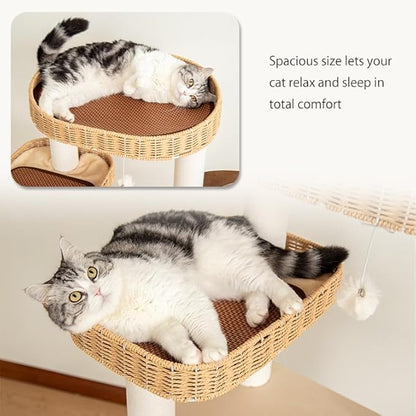 48'' Cat Tree for Large Cats, Modern Cat Tree Multi-Level Condo with Natural Wood, Cat Activity Centre for Medium and Big Pets (White LS02)