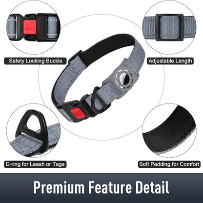 Airtag Dog Collar with AirTag Holder for Large Dogs, Reflective, Soft Padded & Safety Locking Buckle, Nylon Pet Collars Adjustable for All Breeds, Grey,XL