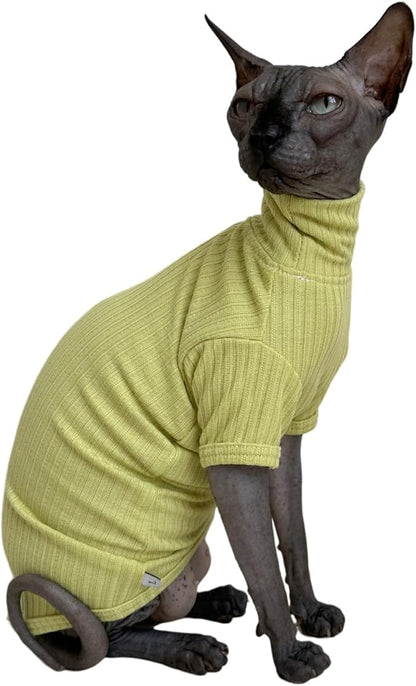 Sphynx Cats Shirt Cat Turtleneck Cotton Sweater Pullover Kitten T-Shirts with Sleeves Cat Pajamas Jumpsuit for Sphynx Cornish Rex, Devon Rex, Peterbald (Large (Pack of 1), Green Yellow)