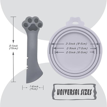 Pet Food Can Spoon & 3 Pcs Can Covers | Cute Paw Shape Opener Spatula Cat Wet Food Spoon | Universal BPA Free Silicone Lids for Dog Cat Cans(Grey)