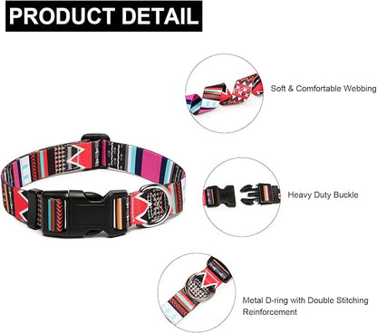 Mercano Adjustable Dog Collar - Special Design Patterns, Soft Nylon Comfortable Durable Pet Collar for Small Medium Large Dogs (M, Tribal Pink)