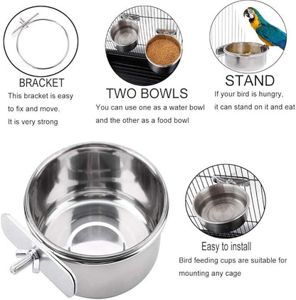 PINVNBY 2PCS Parrot Feeding Cups Birds Food Dish Stainless Steel Parrot Feeders Water Cage Bowls with Clamp Holder for Cockatiel Conure Parakeet Macaw Small Animal (Size: L)