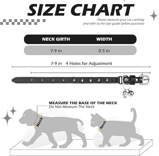 EXPAWLORER Leather Cat Collar for Girl Boy- Adjustable Pet Collar with Safety Elastic Belt,Personalized Punk Accessories Buckle Collars with Bell & Durable D-Ring,Pure Rivets(Black)