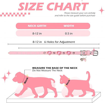 EXPAWLORER Valentine's Day Leather Cat Collar for Girl Boy- Adjustable Pet Collar with Safety Elastic Belt,Personalized Rhinestone Accessories Buckle Collars with Bell & Durable D-Ring,Heart (Pink)