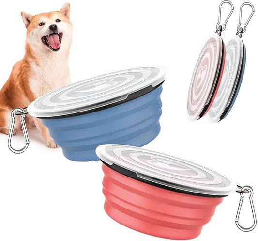 Pawaboo Collapsible Dog Bowls 2 Pack, Silicone Feeding Watering Bowls with Lids & Carabiners for Dogs Cats, Portable Water Feeder Food Bowl for Walking Traveling Home Use, 1000ml, Light Pink + Blue
