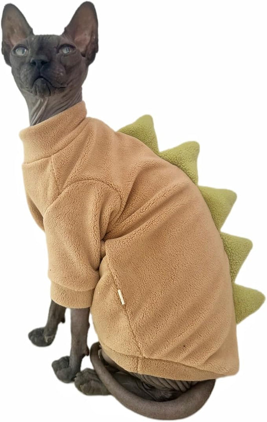 Dinosaur Sphynx Cat Clothes, Soft Polar Fleece Sweater for Cat, Elastic Pet Clothes Thick Winter Warm Outfit for Hairless Cat, Devon, Cornish, Small Dogs Apparel with Sleeves (Khaki, Large)