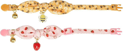 2 Pack Cotton Cat Collar, Removable Bowtie, Floral Pattern, Safety Breakaway Clasp, Adjustable for Cats.(Adult Cat, Bee+Strawberry)