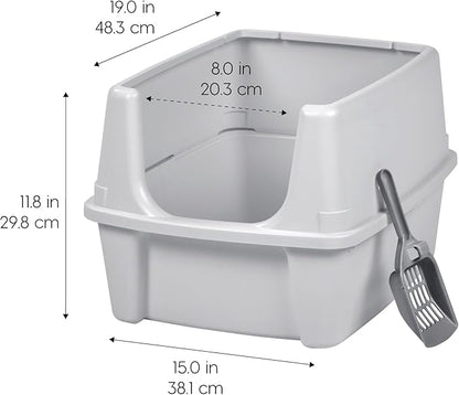 IRIS USA Large Cat Litter Box with Scatter Shield and Scoop, Open Top High Sided Cat Litter Pan, Silver