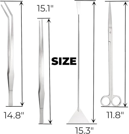 Hiceeden 4 Pcs 15 Inch Long Aquarium Aquascape Tools, Stainless Steel Aquascaping Tools Kit Include Aquarium Tweezer, Scissor, Spatula, Aquatic Plants Tool Set with Storage Pouch for Fish Tank