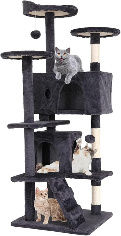 Large Cat Tree with Scratching Post, 54in, Wooden Frame, Sisal Ropes, 3 Platforms, 2 Hanging Balls, 2 Cushions, Light Gray
