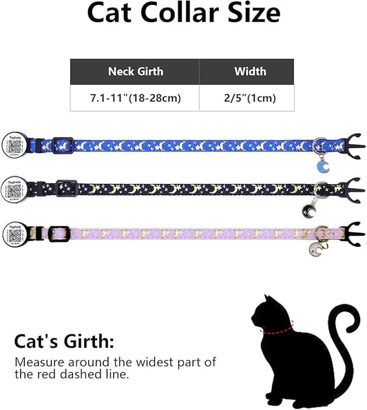 2PCS Breakaway Cat Collars with QR Code Bell Moons Stars Cute Kitty Adjustable Safe Kitten Collars with Pendant Glow in The Dark. Smart ID tag.Real-time scan alerts (Purple&Pink)