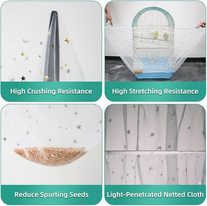 Bird Cage Seed Catcher, Seed Catcher Guard Net Cover, Parrot Nylon Mesh Net Cover, Universal Soft Airy Cage Net Stretchy Skirt for Round Square Cages (Star-White, 15.7" x87")