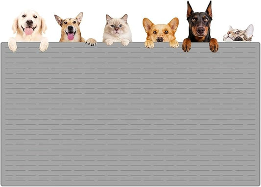 XXXXL Largest Pet Food Mat, 51.2"x25.6"(130cmx65cm) Silicone Dog Mats for Food and Water, Nonslip Pet Feeding Mats for Floors,Dog Cat Bowl Mat with Raised Edges, Light Gray