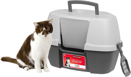 IRIS USA Corner Cat Litter Box Enclosure with Scoop, Small Cat Litter Box with Lid, Corner Litter Box Enclosure for Kittens to Medium Sized Cats, Odor Defensive Hooded Litter Tray, Dark Gray