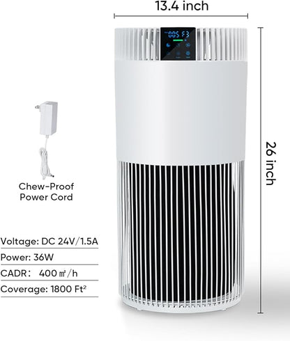 Air Purifier for Home Large Room 2500 Ft² with Washable Filters, Pet Air Purifier for Bedroom with PM2.5 Sensor, 20dB Sleep Mode, 360° Purification,12H Timer,Remove Dust, Odor, Smoke,White