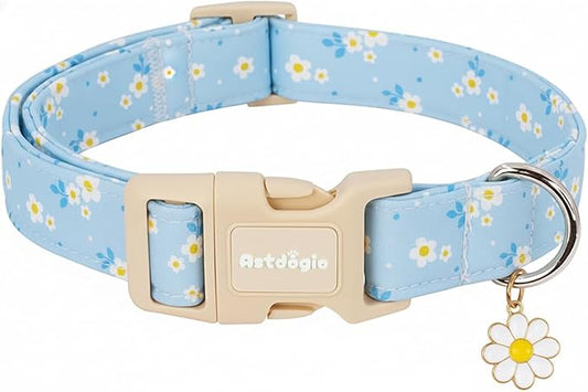 Dog Collar for Small Medium Large Dogs, Spring Blue Dog Collars with White Flowers, Adjustable Cotton Dog Collars, Cute Girl or Boy Dog Collar Ideal for Gifts,Pet Accessory,M