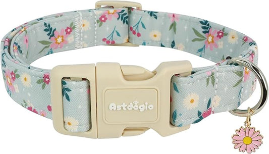 Cotton Dog Collar, Blue Dog Collar with Flowers Pattern for Spring Summer Design, Adjustable Puppy Dog Collars, Cute Girl or Boy Dog Collar Ideal for Gifts,Pet Accessory,S