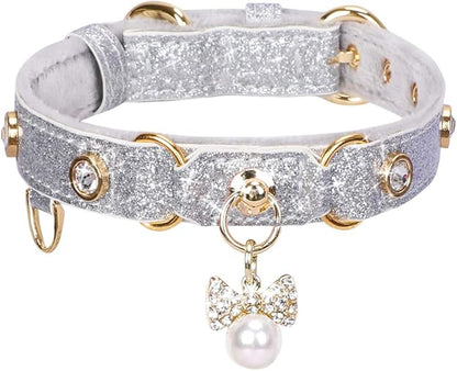 PetsHome Cat Collar, Dog Collar, [Bling Rhinestones] PU Leather Adjustable Pet Collar with Luxury Pendant for Big Cat and Small to Medium Dog Small Silvery