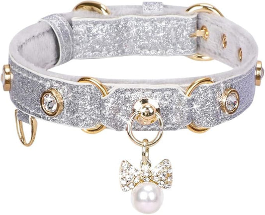 PetsHome Cat Collar, Dog Collar, [Bling Rhinestones] PU Leather Adjustable Pet Collar with Luxury Pendant for Big Cat and Small to Medium Dog Small Silvery