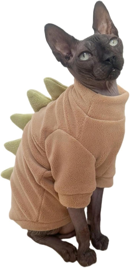 Dinosaur Sphynx Cat Clothes, Soft Polar Fleece Sweater for Cat, Elastic Pet Clothes Thick Winter Warm Outfit for Hairless Cat, Devon, Cornish, Small Dogs Apparel with Sleeves (Khaki, XX-Large)
