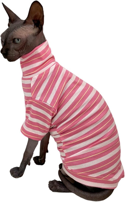 Vintage Stripes Sphynx Hairless Cats Shirt Cotton Cat Turtleneck Pet Clothes Kitten T-Shirts with Sleeves for Sphynx Cats (Sakura, XX-Large)