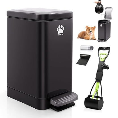 Dog Poop Trash Can Outside with Poop Scooper for Dogs, 12L/3.2Gal Metal Outdoor Garbage Can with Lid Suitable for Small, Medium and Large Dogs (Tungsten Steel)