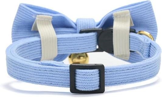 Cotton Breakaway Kitten Collar with Bow Tie and Bell Adjustable Cute Soft Corduroy Cat Collars for Small Cats(Blue,XS)