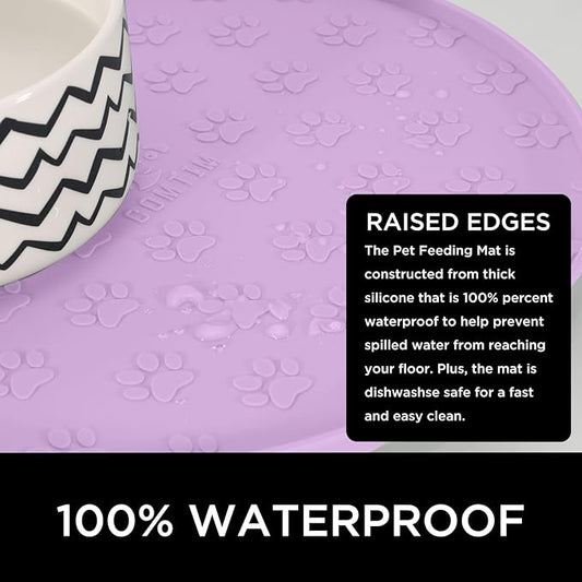 Comtim Waterproof Dog Food Mat - 2 Pack Silicone Pet Food Mat Dog Food Bowl Mats Cat Water Mats Eating Tray, Non-Slip Pet Placemat with Lip for Messy Drinkers to Protect Floor, Lavender 11"×11"