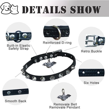 2 Pack Leather Cat Collar Breakaway with Bells and Pendant Adjustable Spiked Kitten Collar for Boy Cats Gothic Studded Cat Collar Moon and Star Black 8”-12”