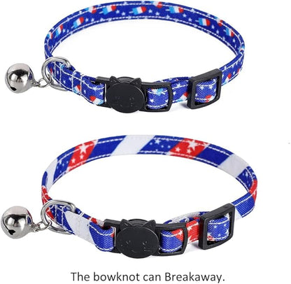 2-Pack Breakaway Cat Collars with Removable Double-Layer Bow Tie and Bell for Boy and Girl Cats Safety Kitten Collars Suitable for Festivals and Daily. (Independence Day 2)