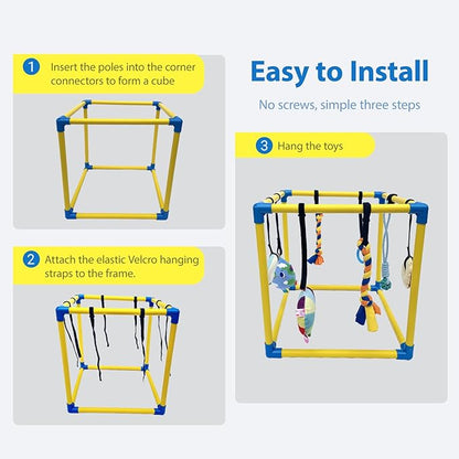 Dewonch Puppy Play Gym with 8 Hanging Toys, Small Dogs Indoor Jungle Gym, PVC Frame with Bungee Straps Enrichment Activity Center
