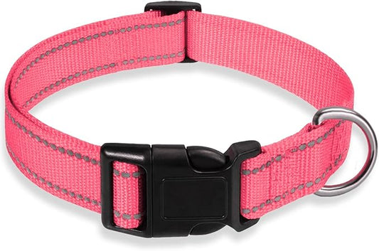Reflective Dog Collar with Buckle Adjustable Safety Nylon Collars for Small Medium Large Dogs, Light Pink XS