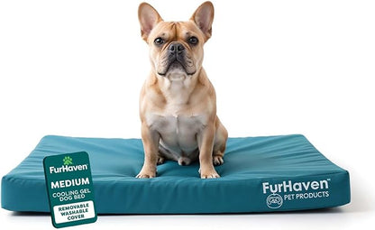FurHaven Water-Resistant Orthopedic Dog Bed for Medium Dogs, Oxford Polycanvas Mattress with Orthopedic Solid Slab Foam for Joint Support, Removable Washable Cover, Medium, Deep Lagoon
