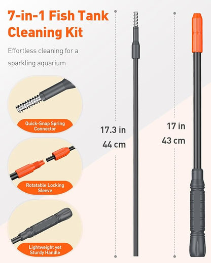 Pawfly Aquarium Cleaning Tools, 7 in 1 Fish Tank Cleaning Kit, Algae Scraper, Sponge Scrubber Pad, Brush, Gravel Rake & Fish Net with Adjustable Long Handle, Fish Tank Cleaner Set