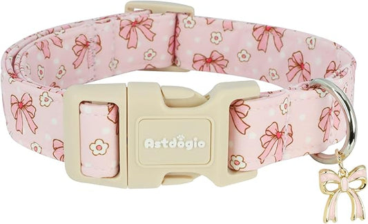 Pink Bow Dog Collar with Flower, Adjustable Cotton Puppy Collar, Cute Girl Boy Dog Collars for Small Medium Large Dogs, Ideal for Gifts,Pet Accessory,M